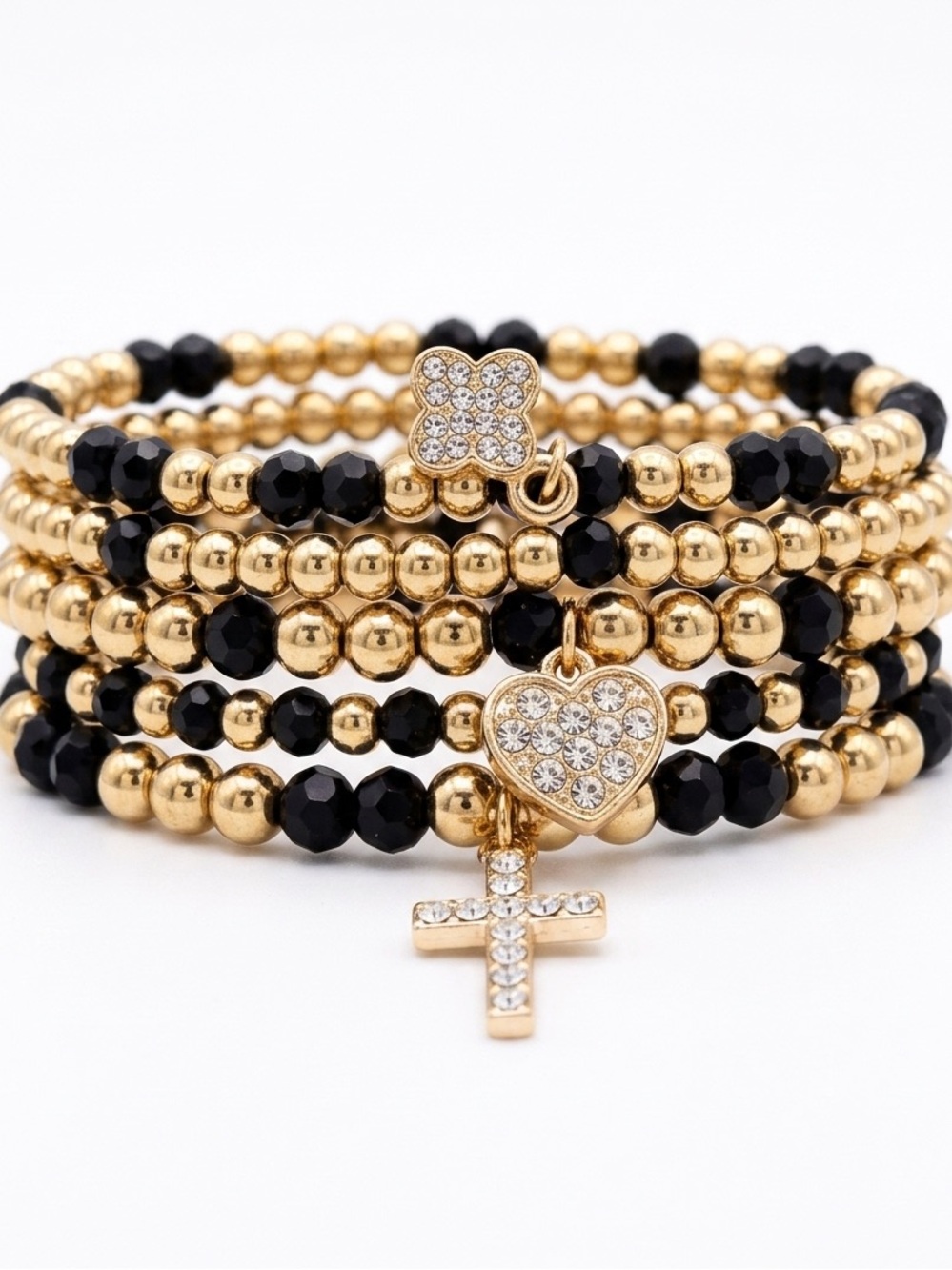Nicole Miller Gold and Black Beaded Bracelet Set with Heart & Cross Charms